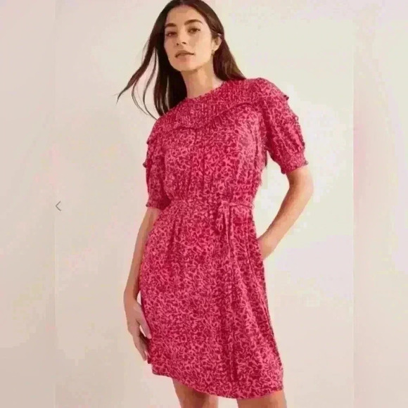 Boden Yoke Detail Jersey Mini Dress Pink Floral Tie Waist NWT size 4P - Picture 1 of 14